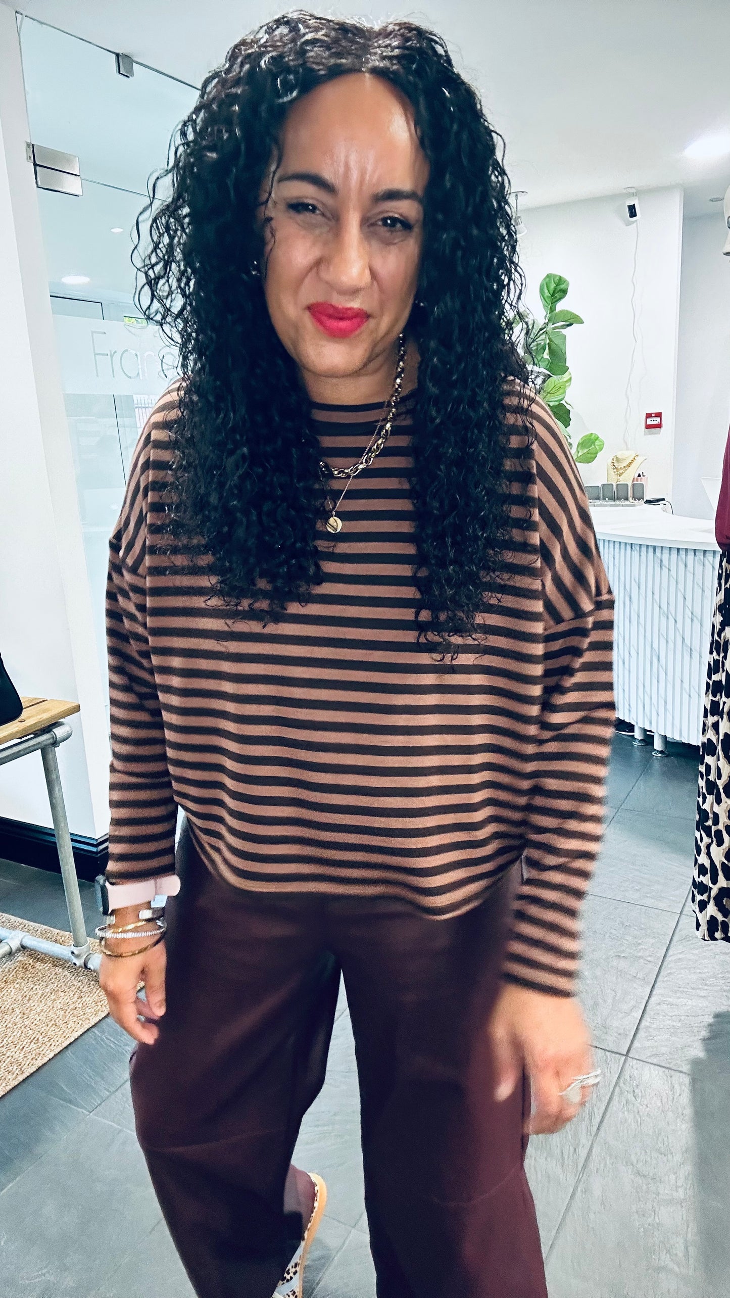 STRIPE LONG SLEEVED JERSEY TOP BROWN *New