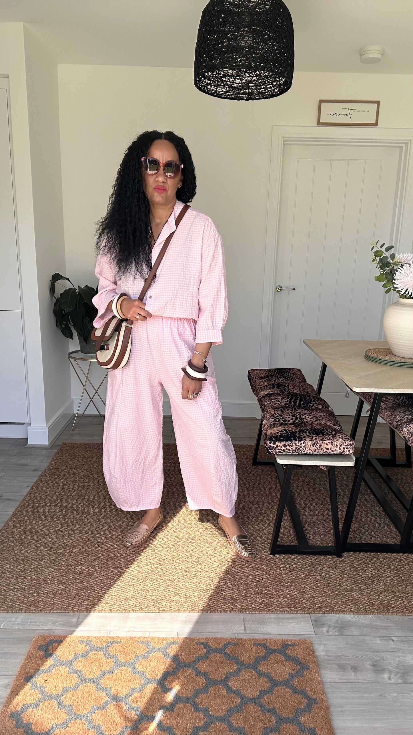 AVA GINGHAM BARREL LEG TROUSERS BABY PINK *New