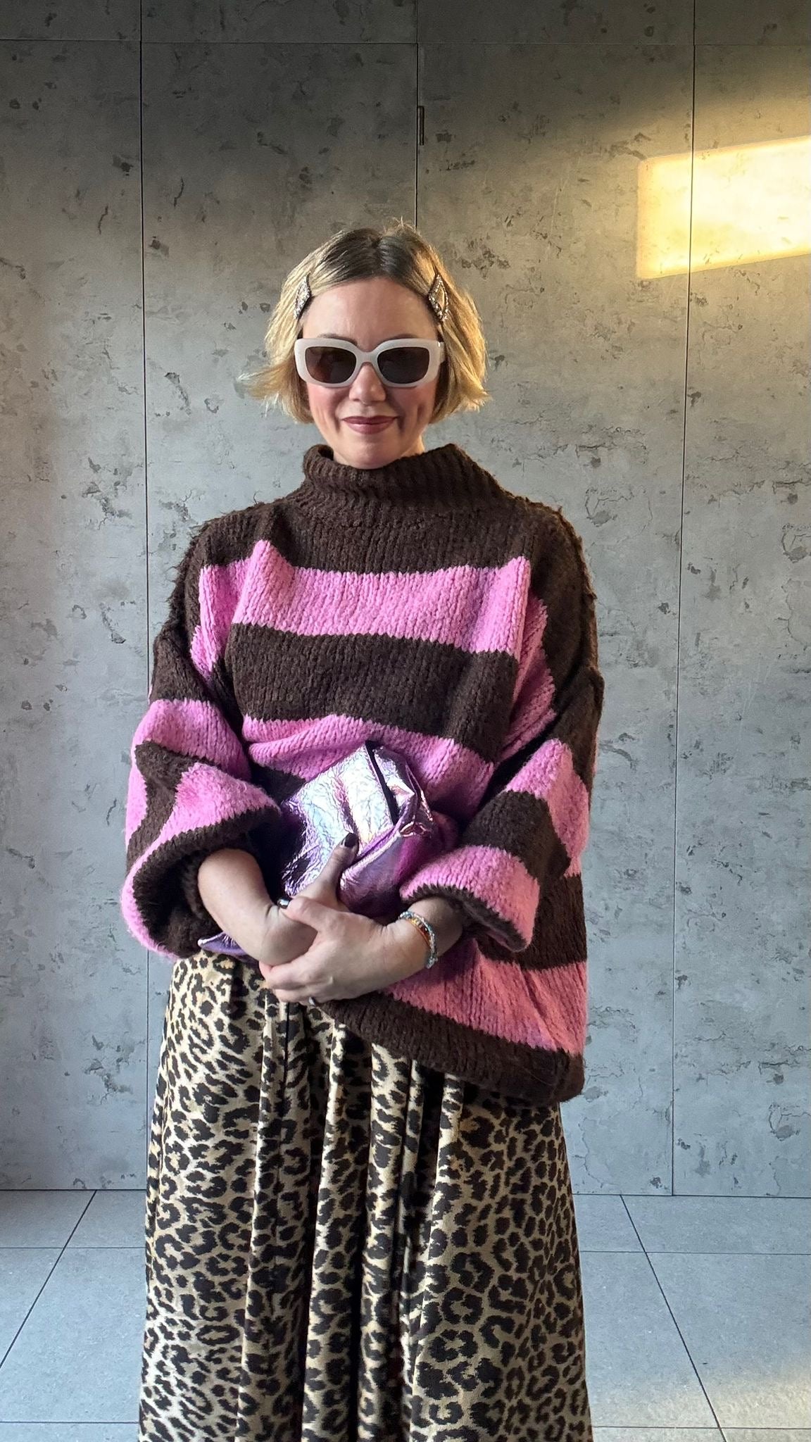 ALEX STRIPED RAW EDGE BALLOON SLEEVED JUMPER RASPBERRY TRUFFLE PINK & CHOCOLATE *New