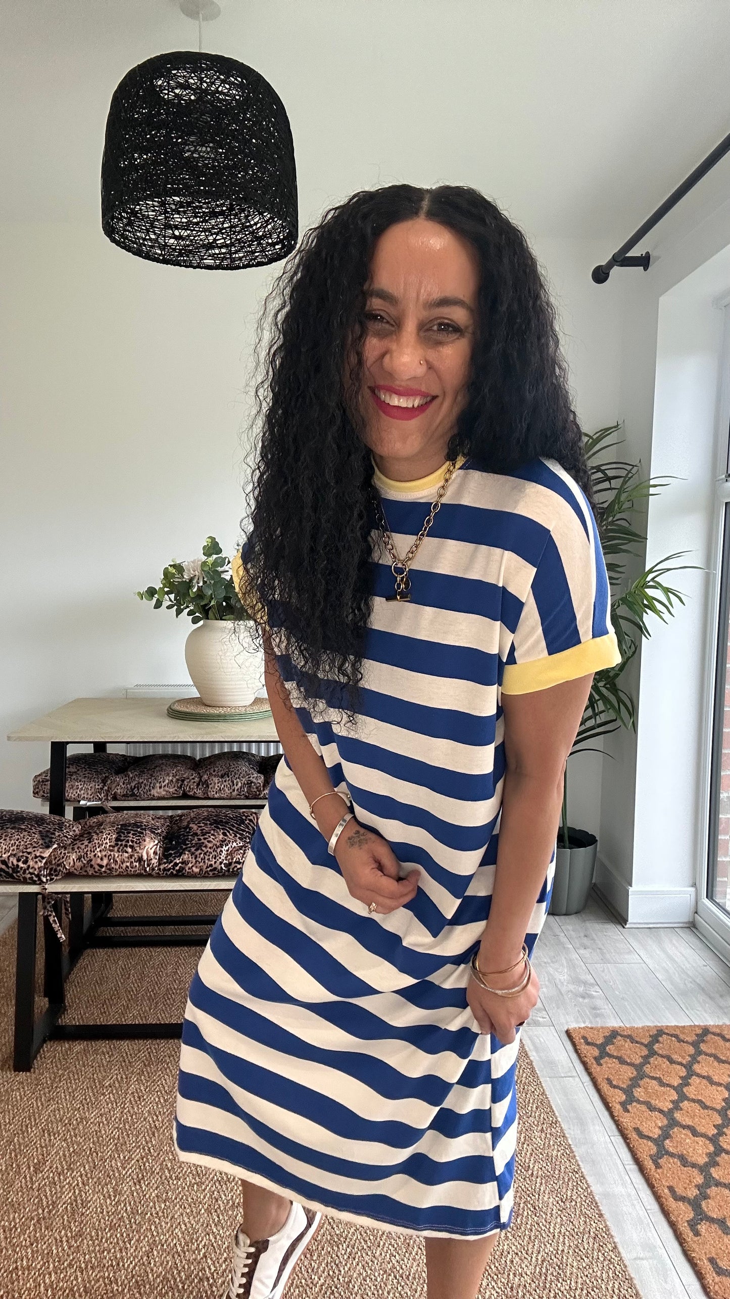 BETTY OVERSIZED T-SHIRT DRESS NAVY & YELLOW CONTRAST TRIM *New