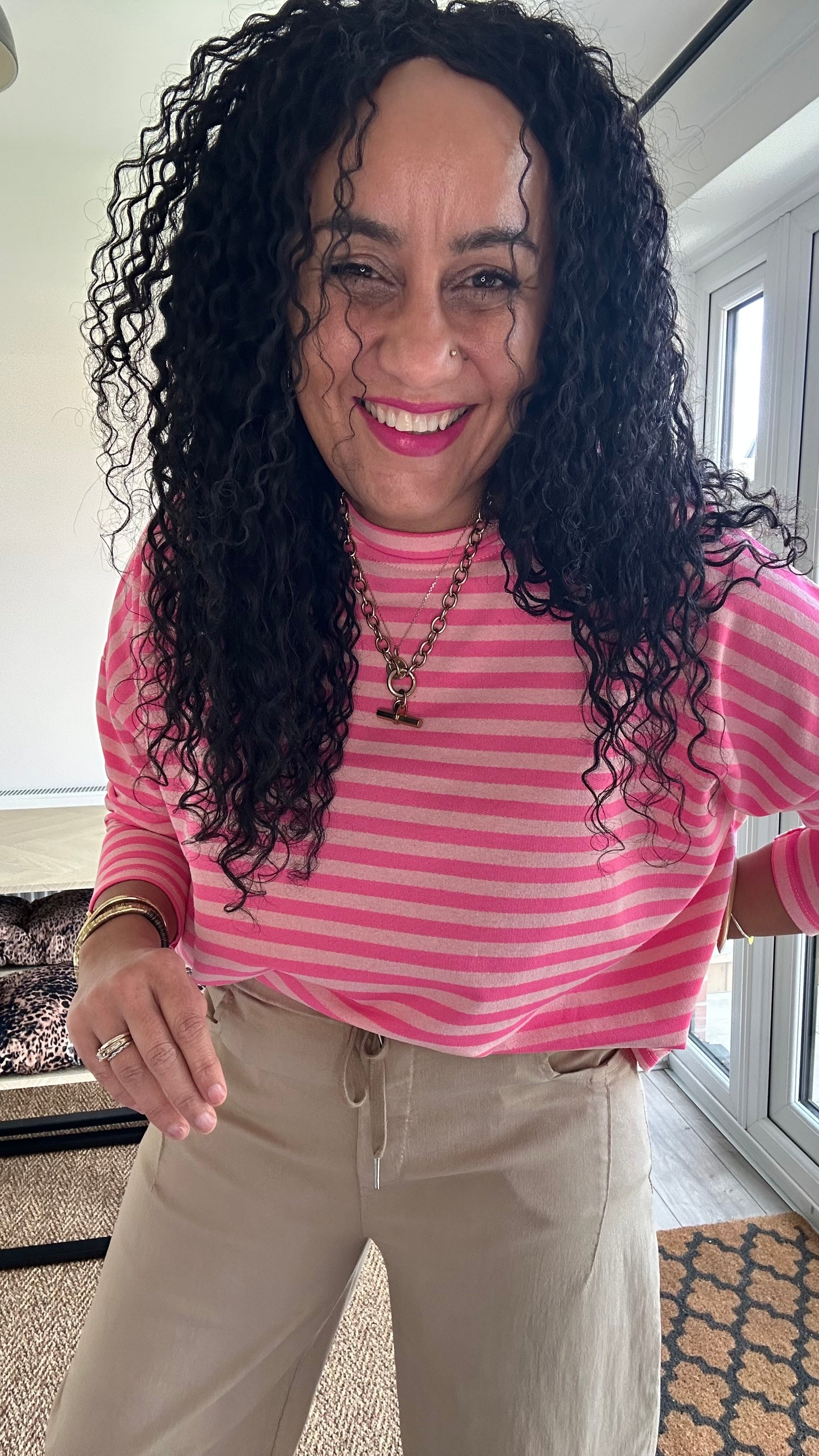 BRETON STRIPE LONG SLEEVED TOP NEON PINK  *New