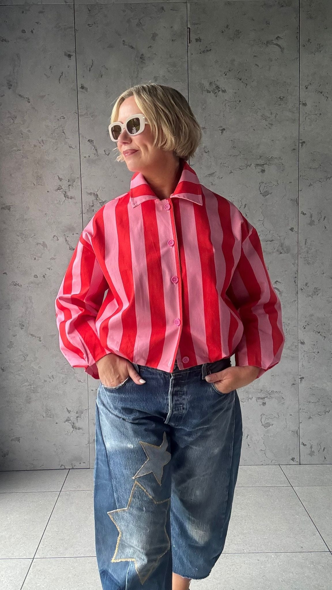 CANDY STRIPE DENIM JACKET PINK & RED *New