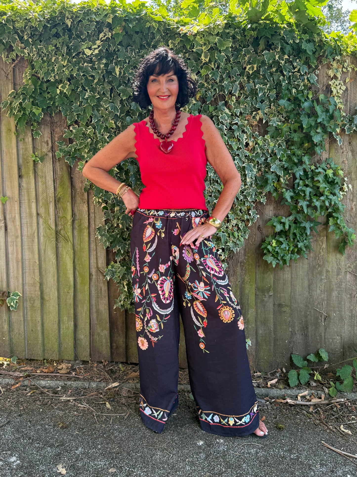 CLEO LASER EMBROIDERED FLORAL BOHO WIDE LEG TROUSERS BLACK *New