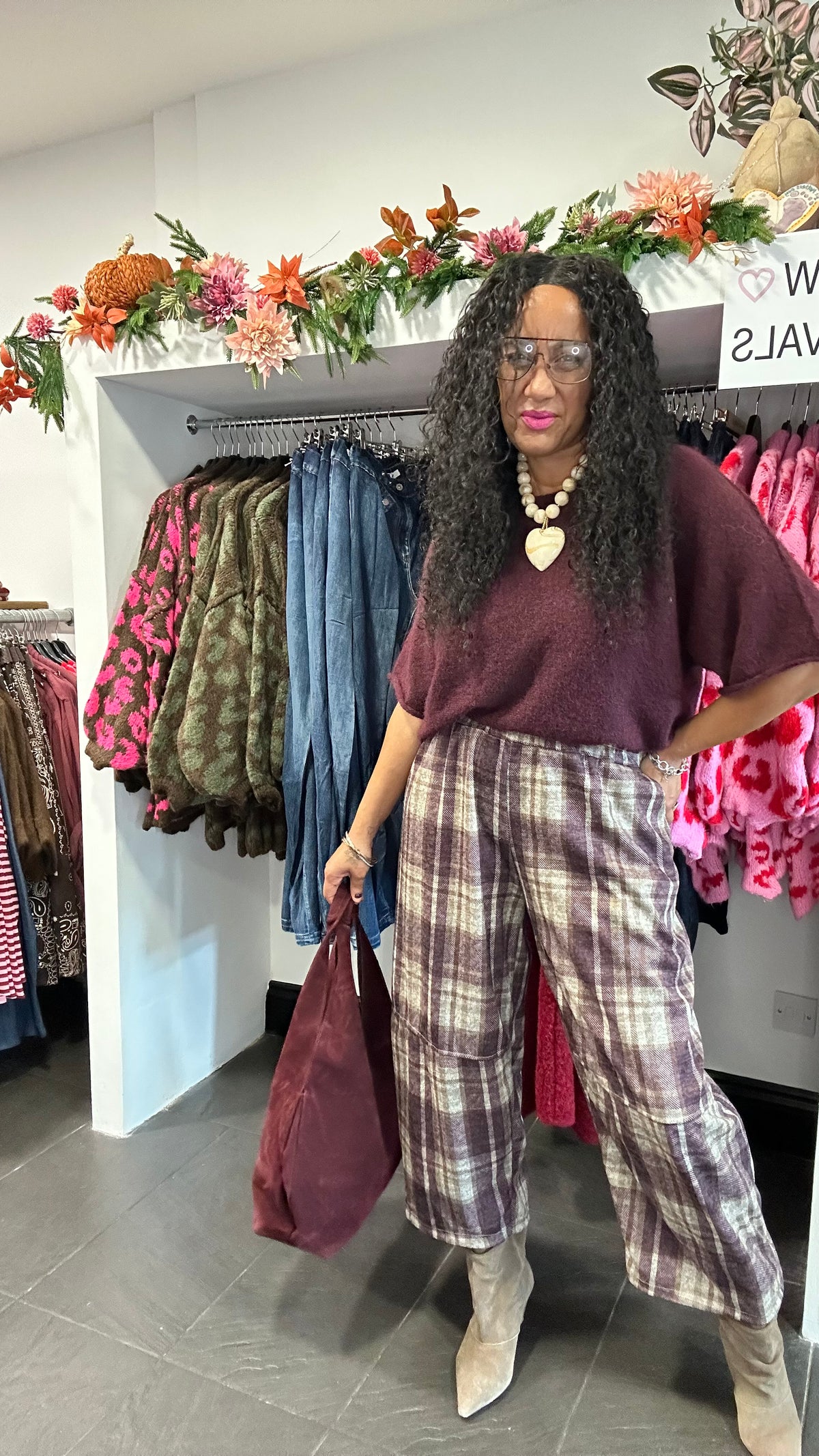 COSIMA PLAID TROUSERS PLUM *New