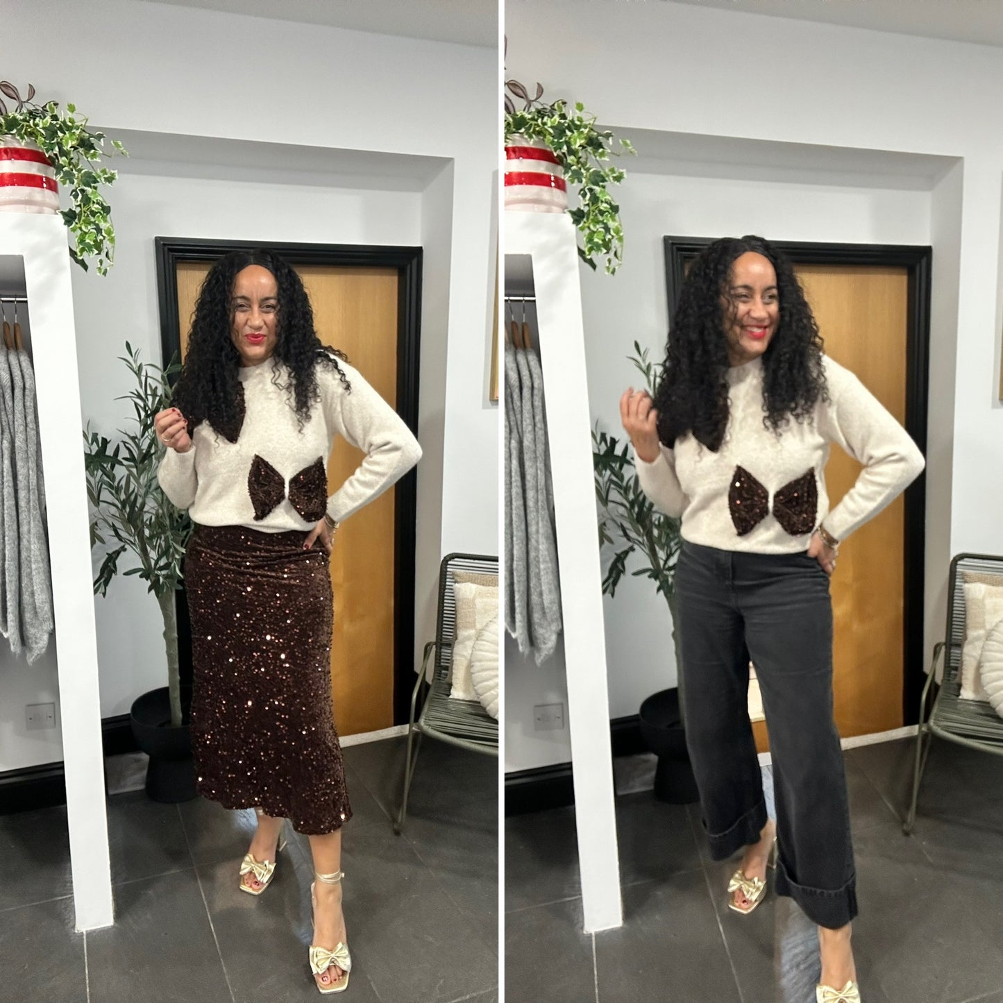 SARA VELVET SEQUIN MIDI SKIRT DEEP BROWN *New