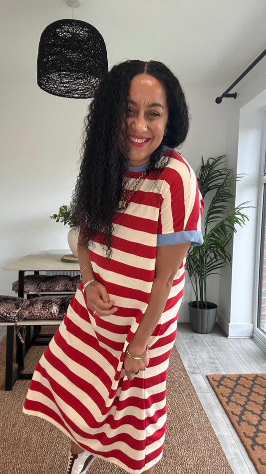 BETTY OVERSIZED T-SHIRT DRESS RED & BLUE CONTRAST TRIM *New