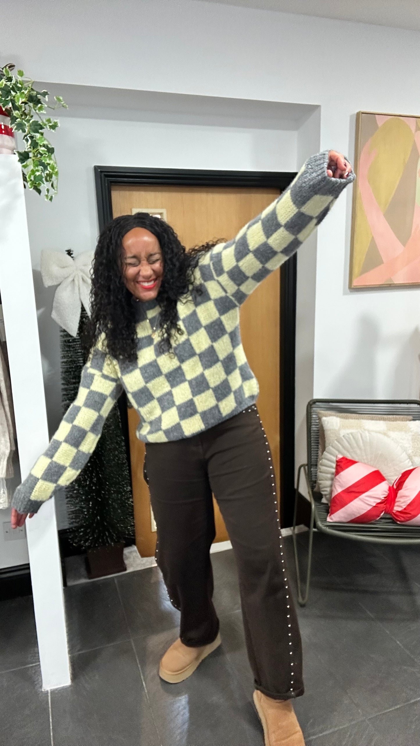 CHECKERBOARD KNIT LEMON & GREY *New