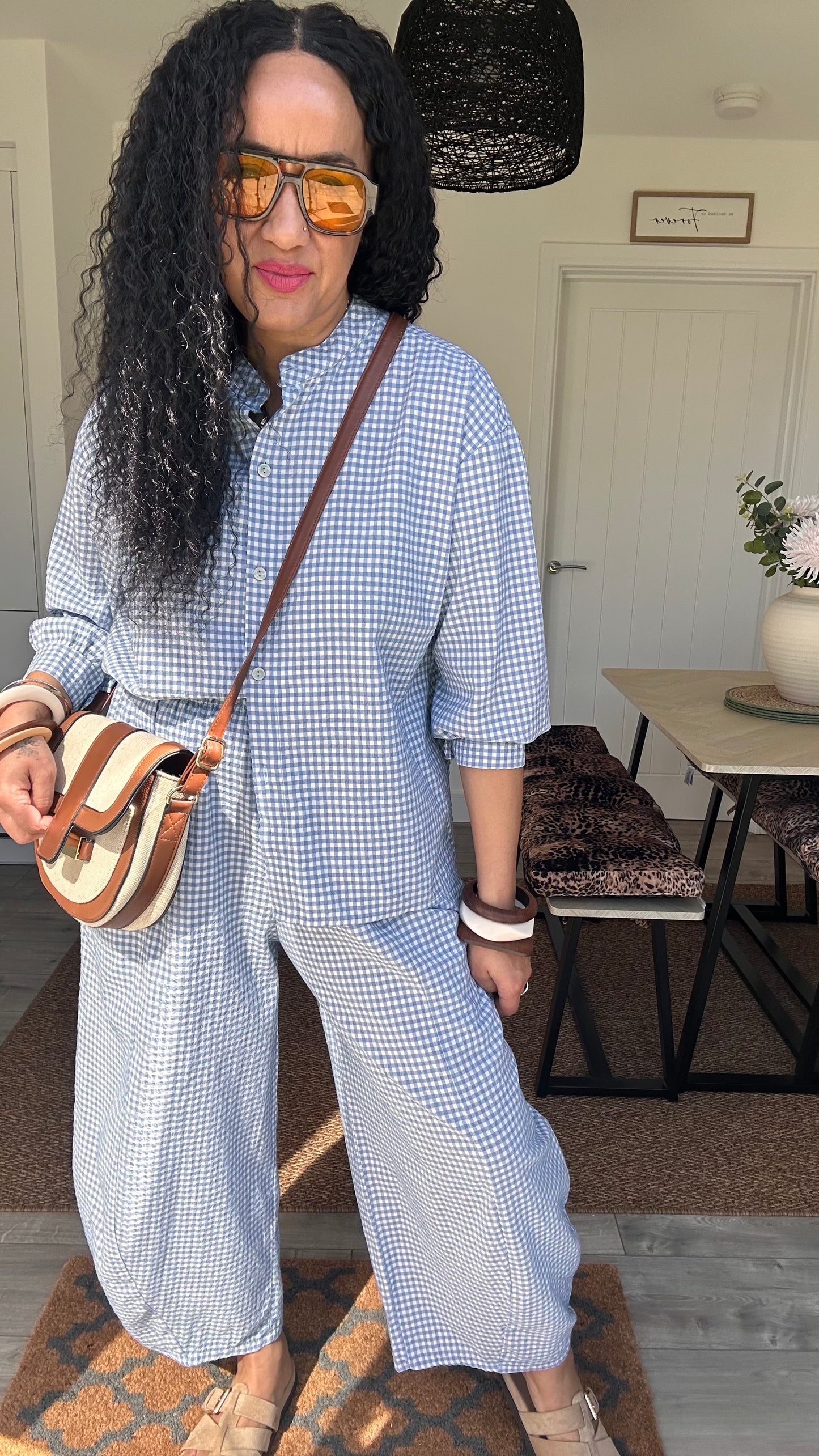 AVA GINGHAM BARREL LEG TROUSERS SKY BLUE *New