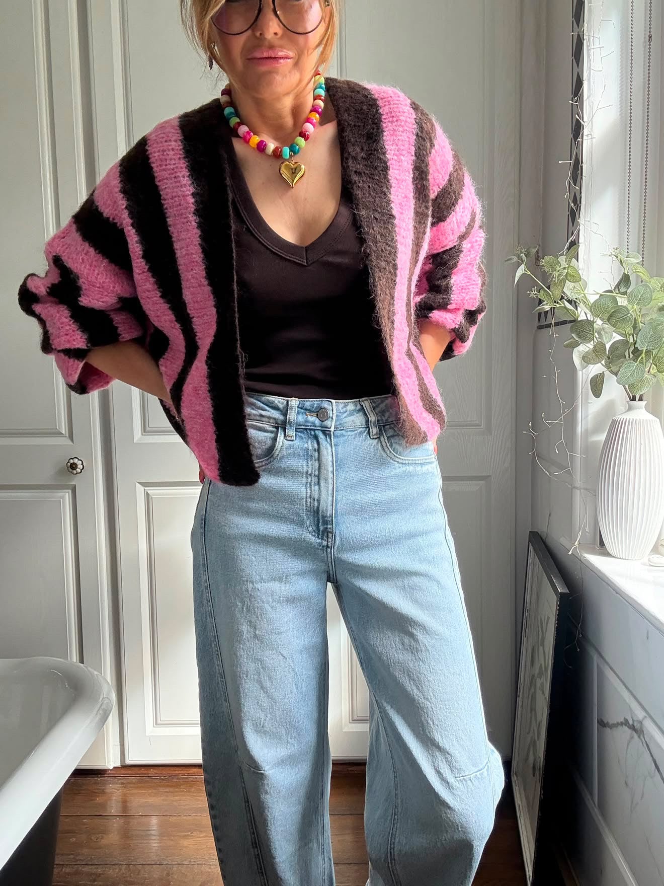 VESA STRIPE CARDIGAN PINK & BROWN *New