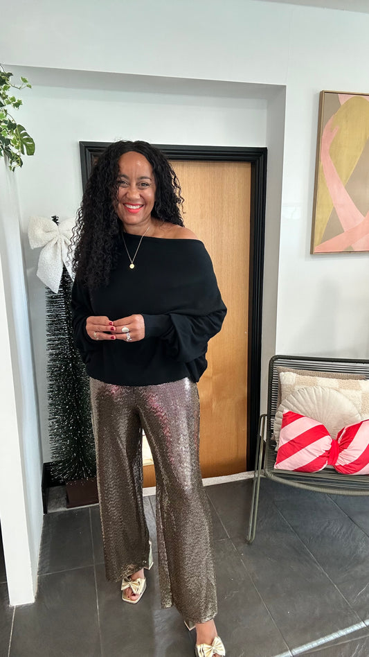 SALE VICKY SEQUIN WIDE LEG TROUSERS BRILLIANT GOLD *New