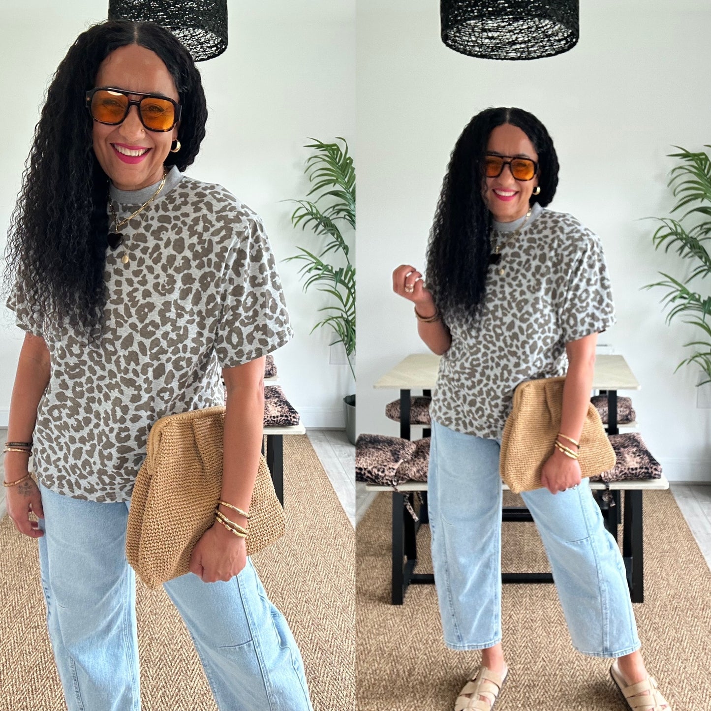 JOYNA LEOPARD SHOULDER PAD T-SHIRT GREY *New