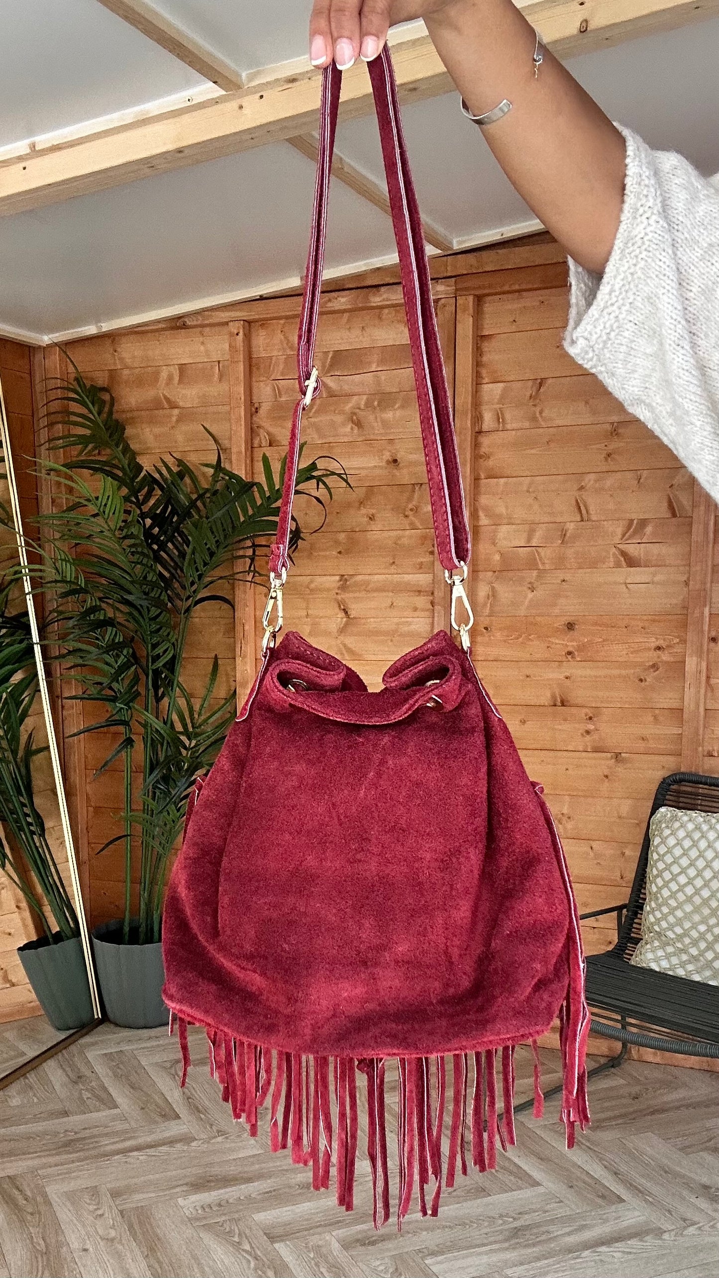 GENUINE LEATHER FRINGE TASSEL BUCKET BAG MULBERRY *New