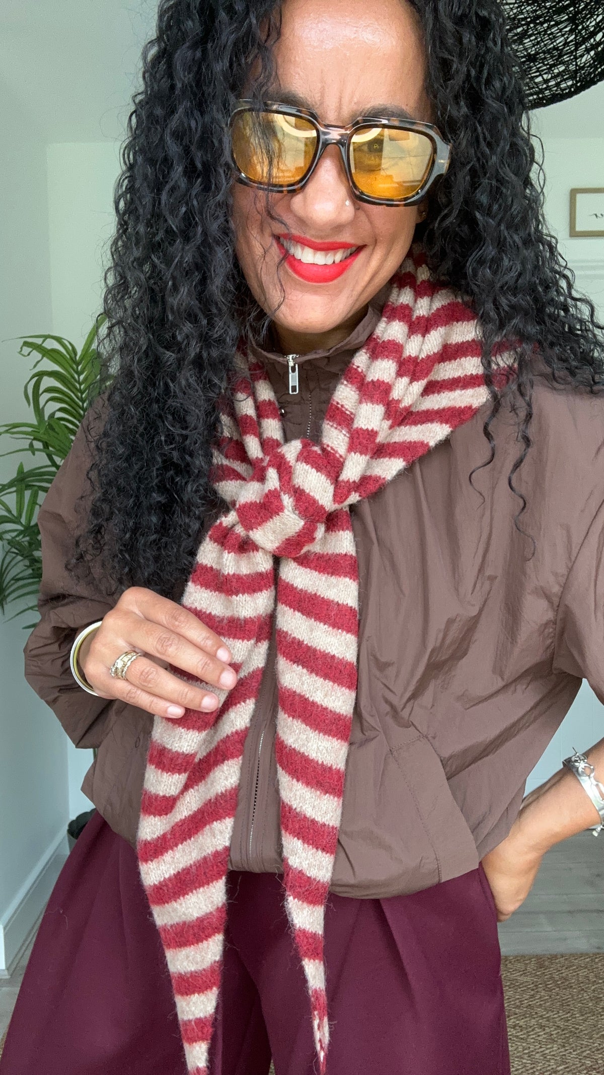 TRIANGLE STRIPE SCARF RED & BROWN *New