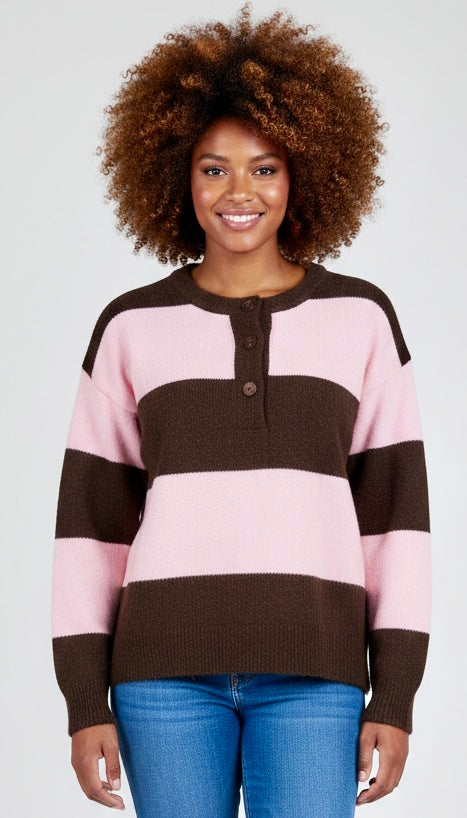 STRIPED BUTTON NECK JUMPER DEEP BROWN & PINK *New