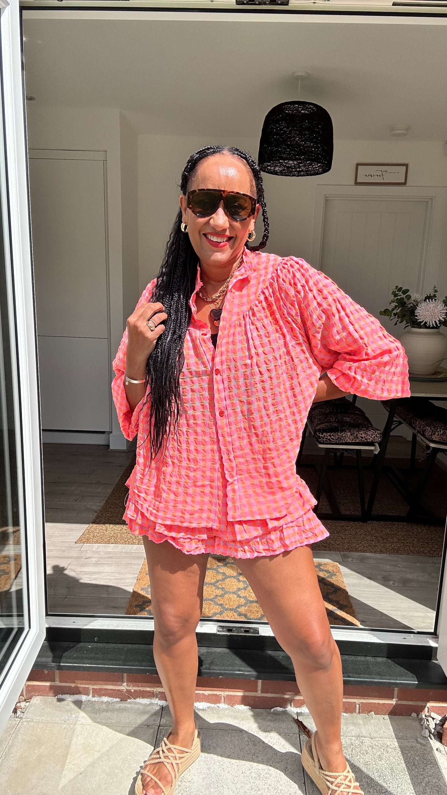 IBIZA PERRIE GINGHAM BLOUSE CORAL & PINK *New
