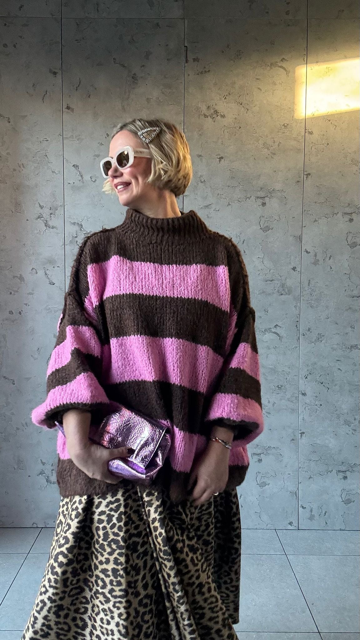 ALEX STRIPED RAW EDGE BALLOON SLEEVED JUMPER RASPBERRY TRUFFLE PINK & CHOCOLATE *New