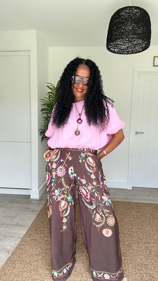CLEO LASER FLORAL EMBROIDERED BOHO WIDE LEG TROUSERS BROWN *New