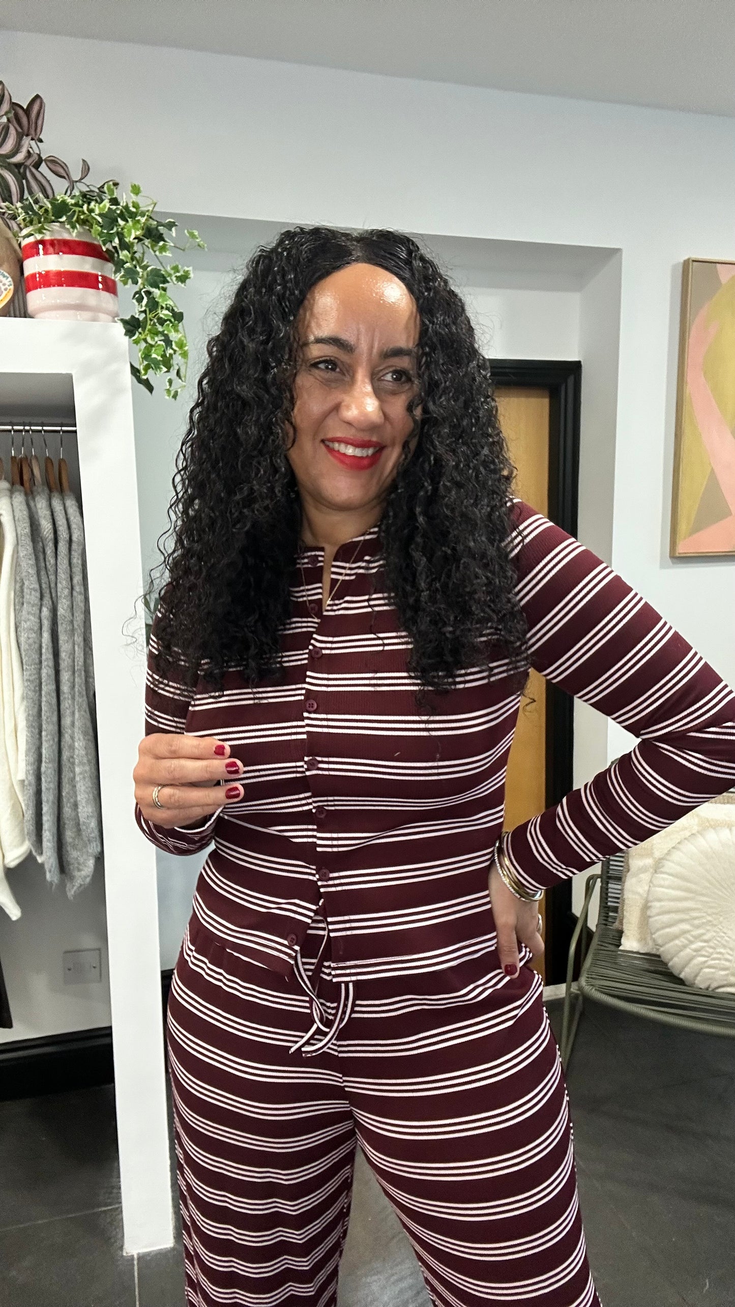 PALOMO STRIPED LOUNGEWEAR SET BURGUNDY *New