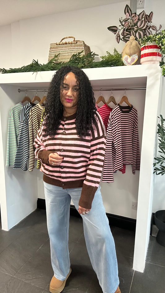 OWEN STRIPED CARDIGAN PINK & BROWN *New