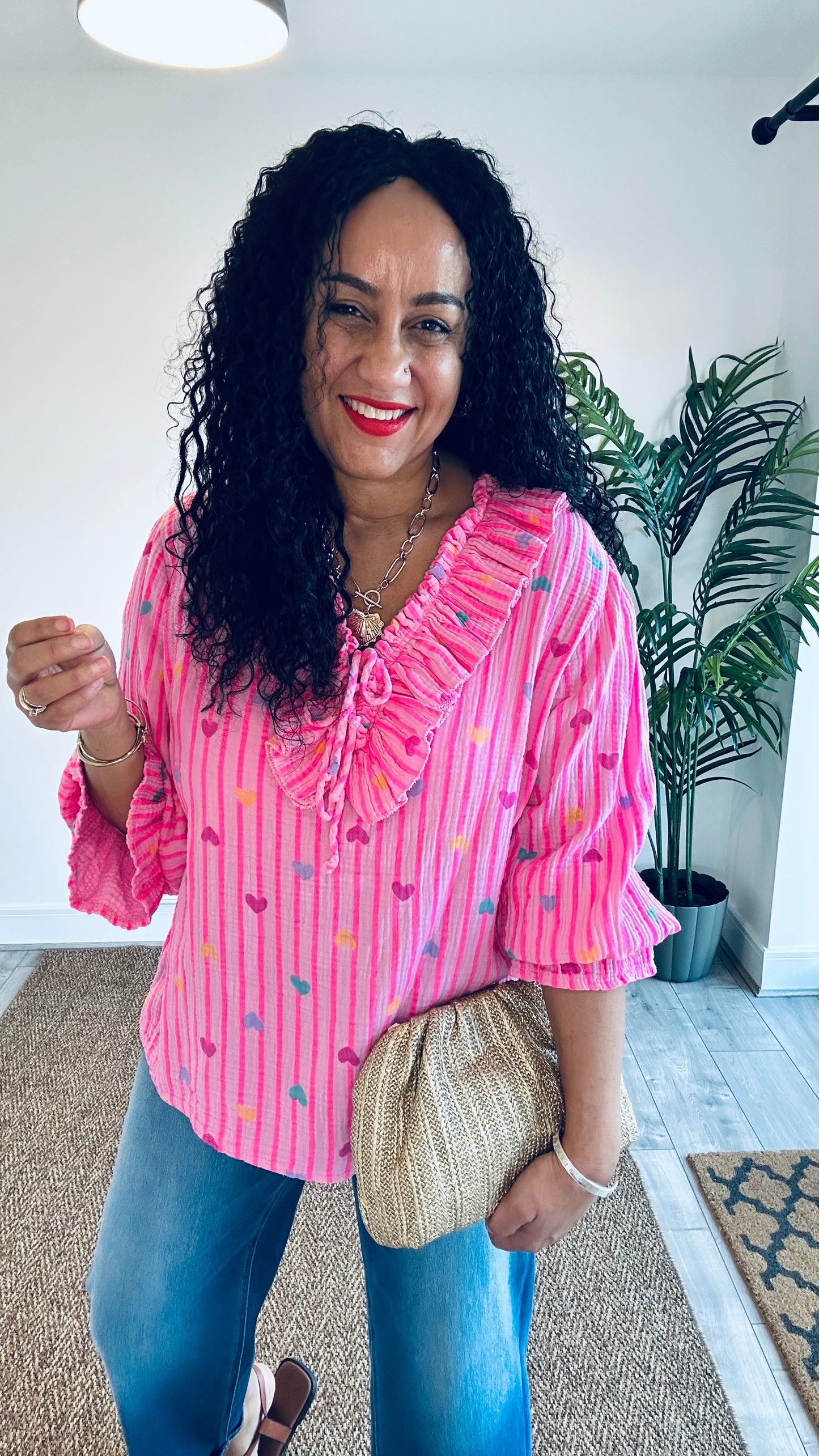 TYRA RUFFLE BLOUSE HEART NEON PINK ORANGE STRIPE *New