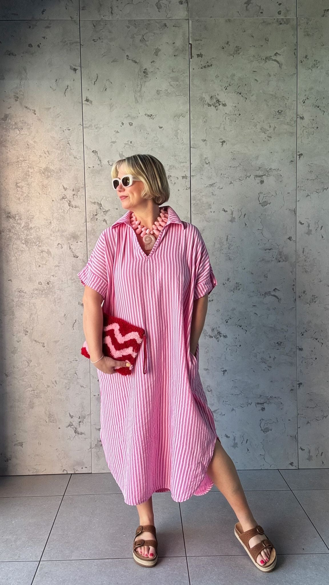SALE TAYO STRIPED TUNIC SHIRT DRESS PINK
