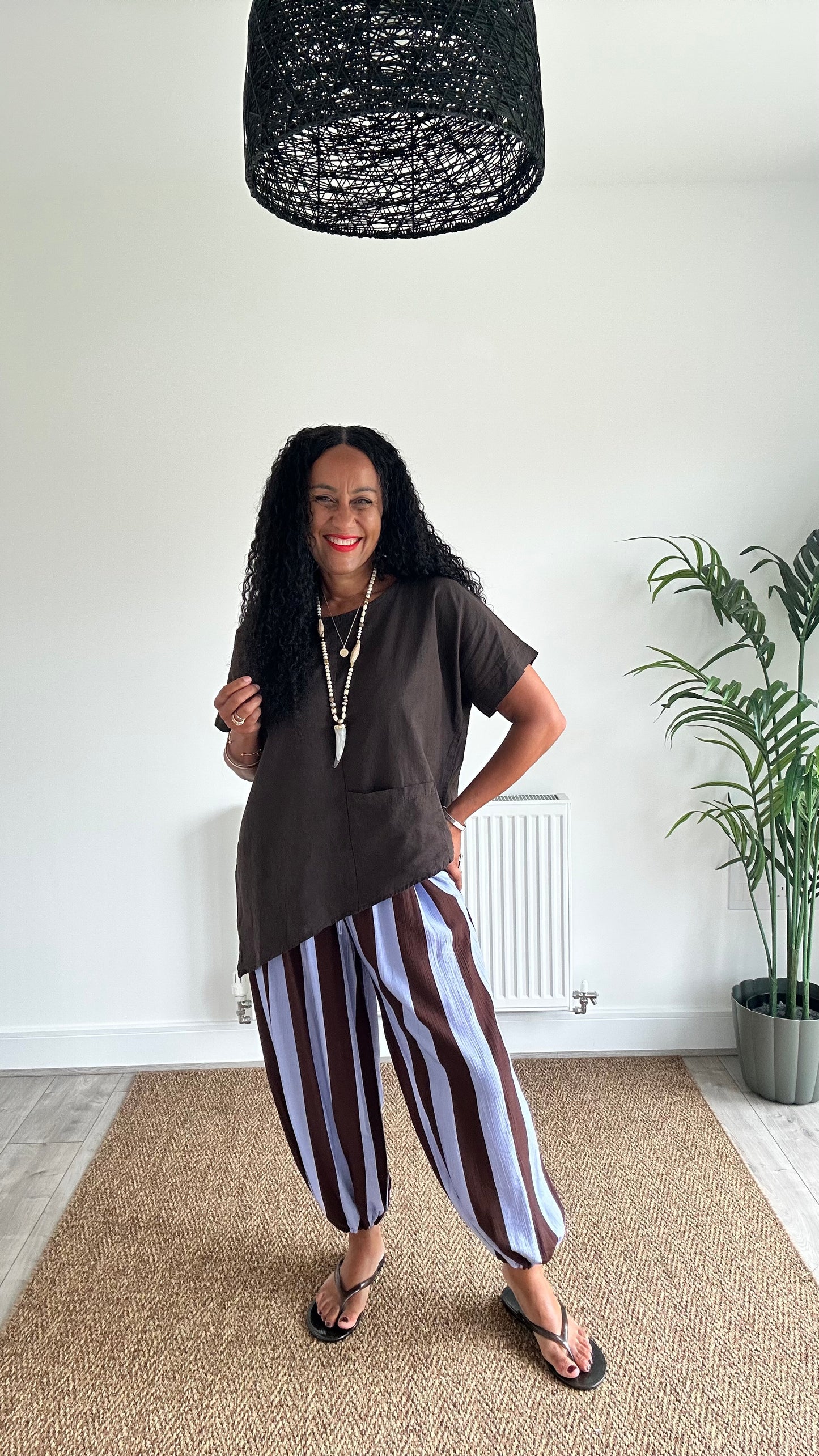 STRIPE BALLOON TROUSERS POWDER BLUE & BROWN *New