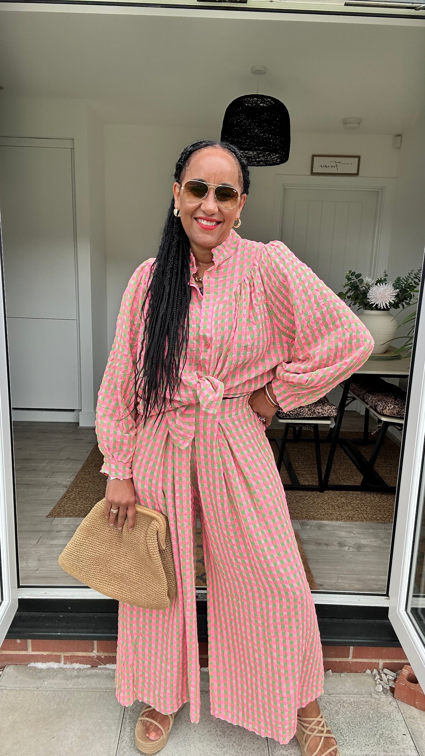 IBIZA PERRIE GINGHAM BLOUSE GREEN & PINK *New