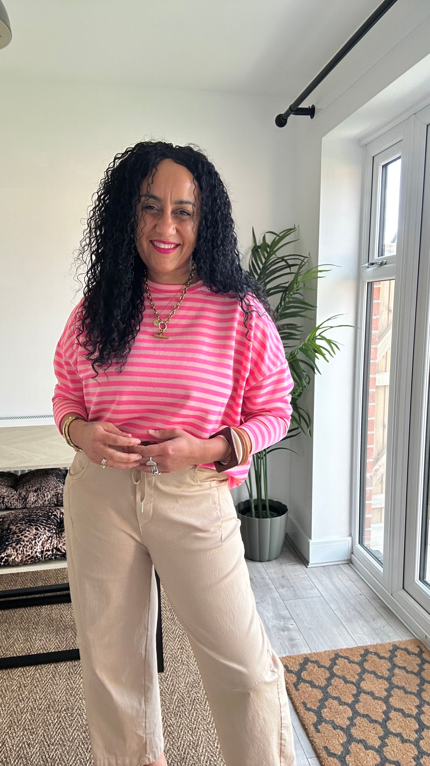 BRETON STRIPE LONG SLEEVED TOP NEON PINK  *New