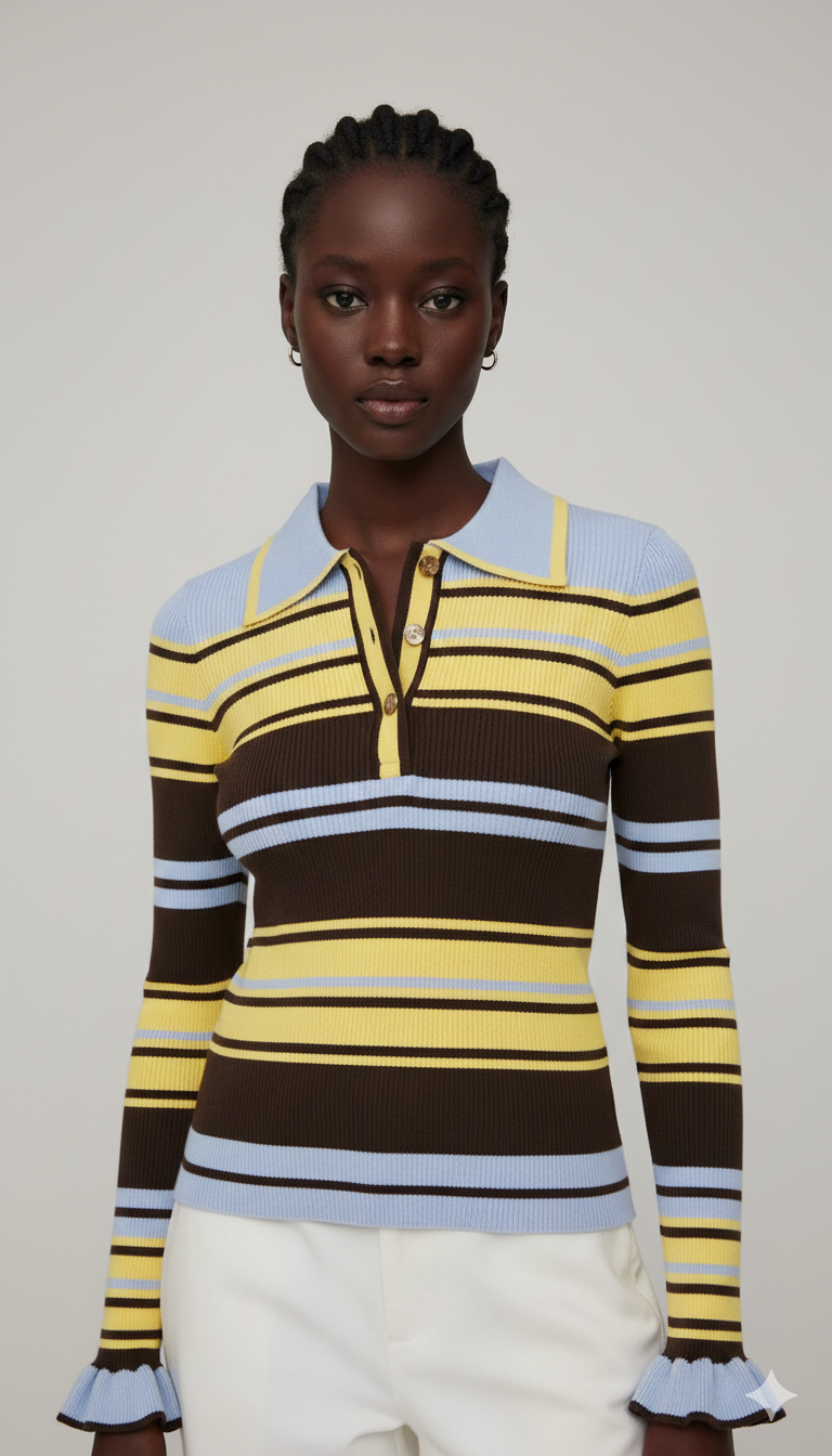 STRIPED RIBBED TOP YELLOW BLUE DEEP BROWN *New