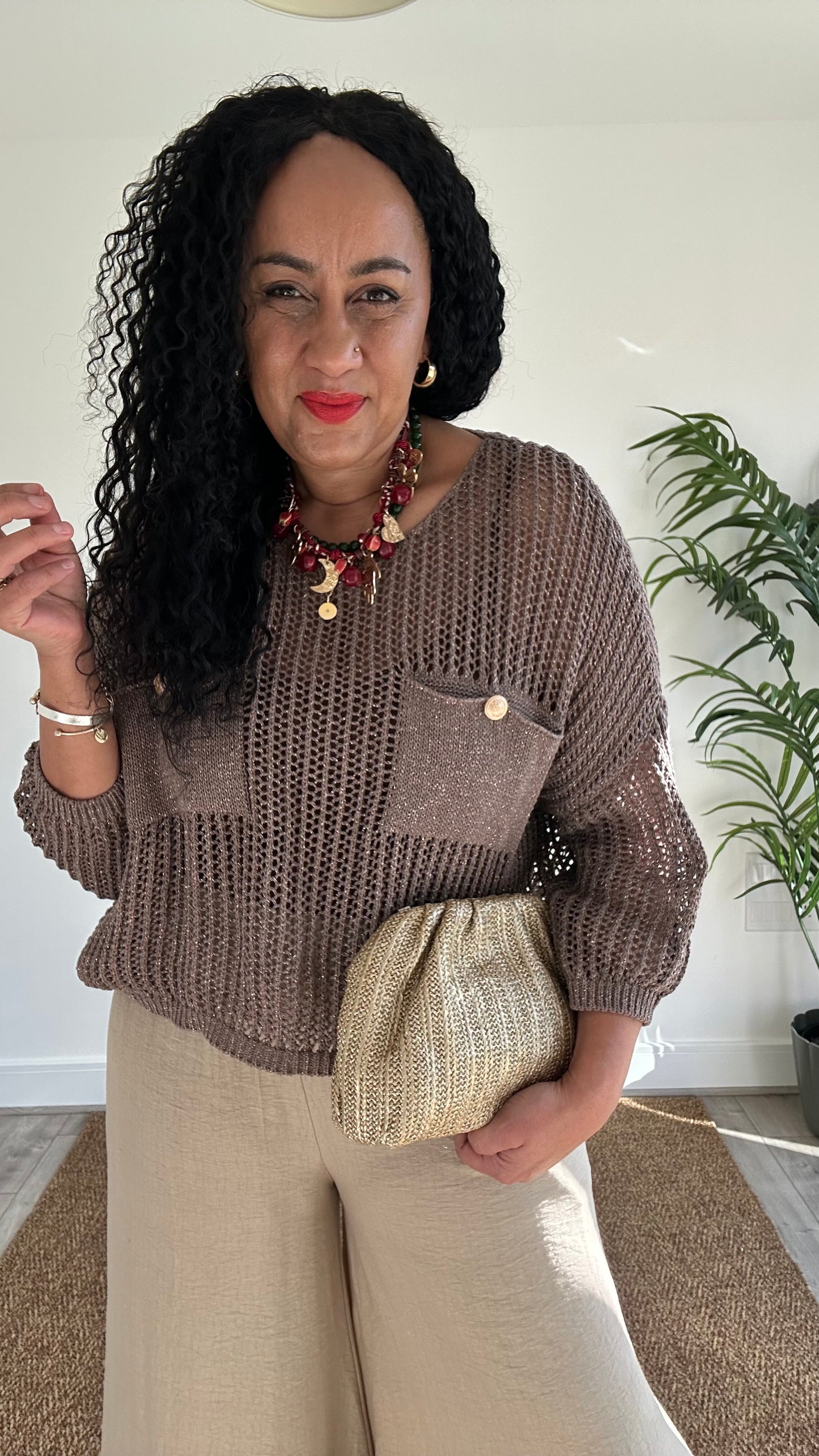 LUREX FISHERMAN CROCHET POCKET KNIT BROWN *New