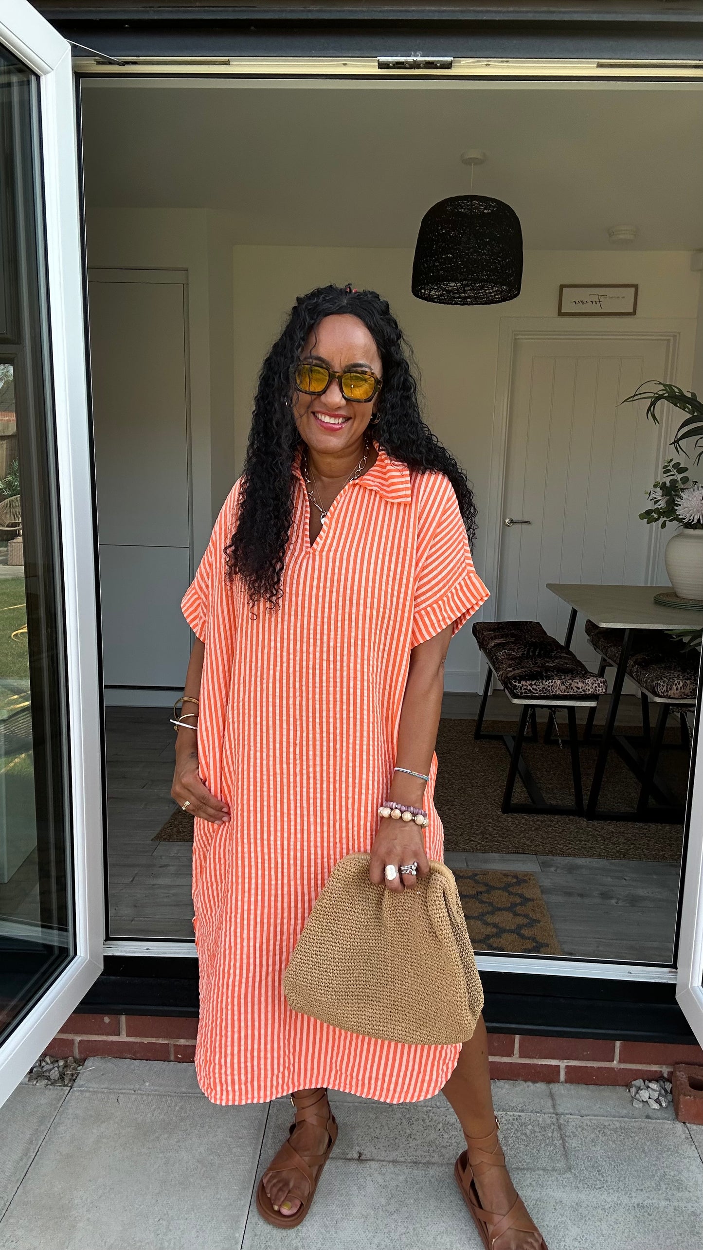 SALE TAYO STRIPED TUNIC SHIRT DRESS TANGERINE