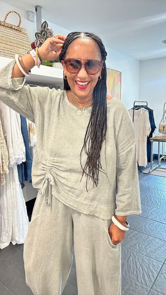 DERBY LINEN OVERSIZED BOXY TOP KHAKI