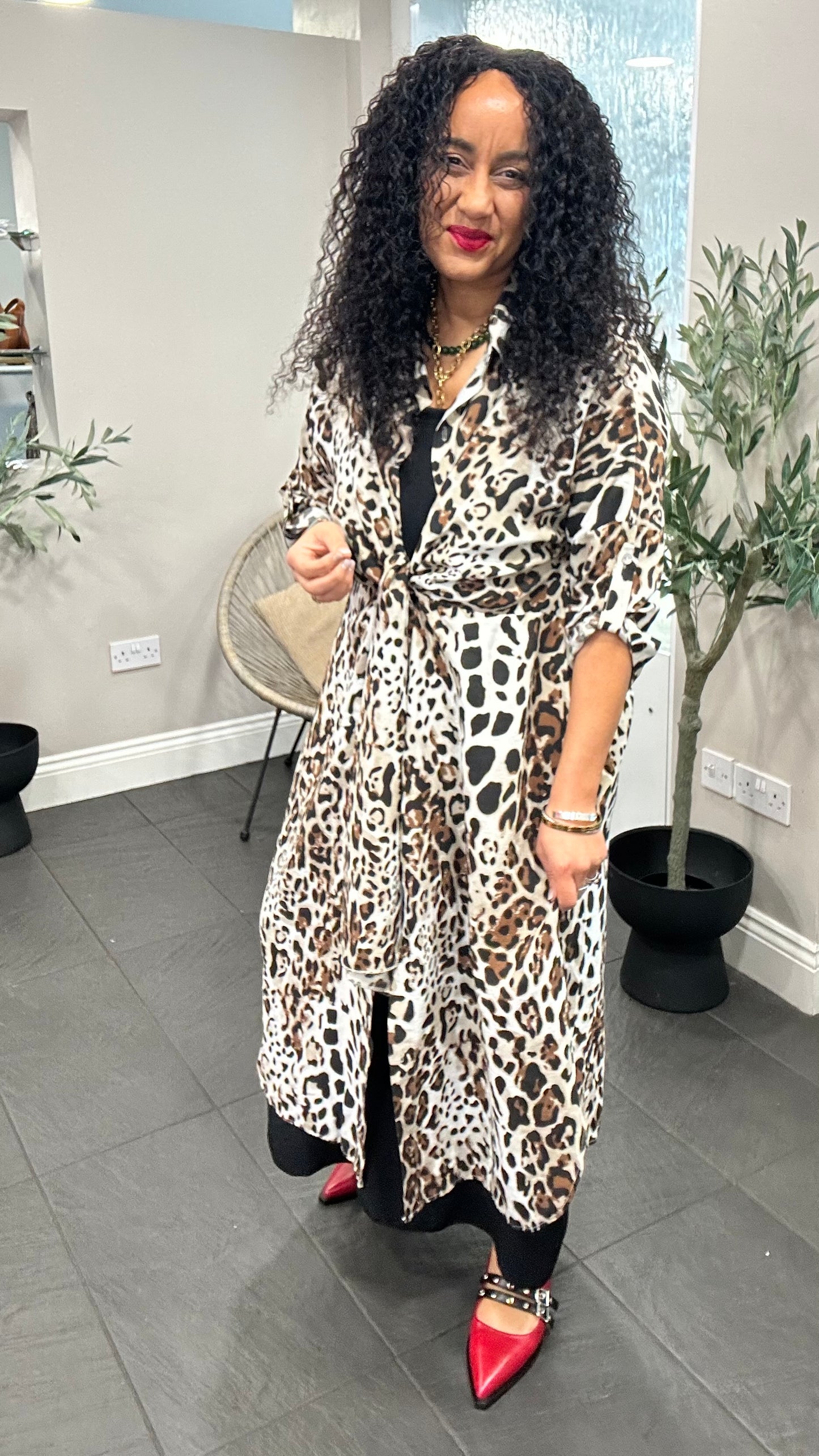 SALE CHIC TRADITIONAL LEOPARD PRINT TIE-FRONT MIDAXI DRESS