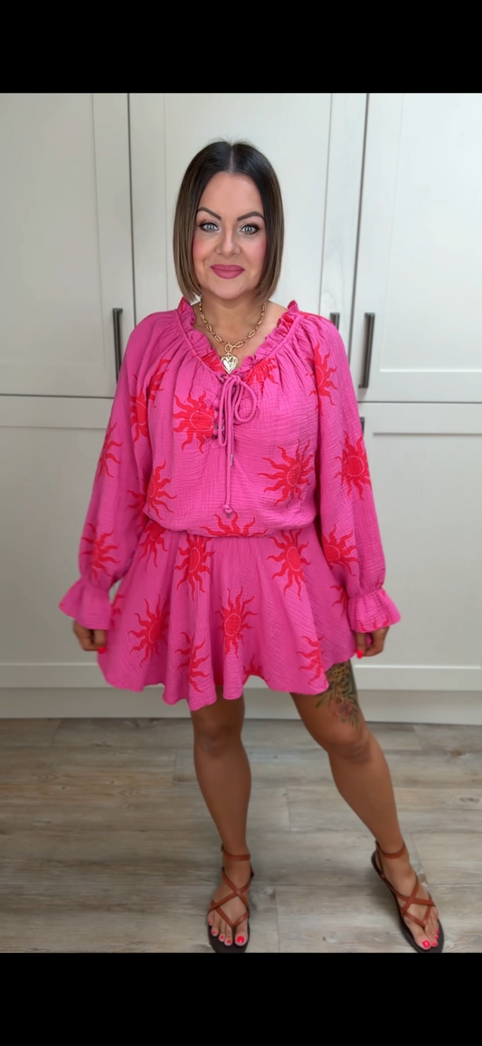 SALE SUNBURST PLAYSUIT PINK & RED