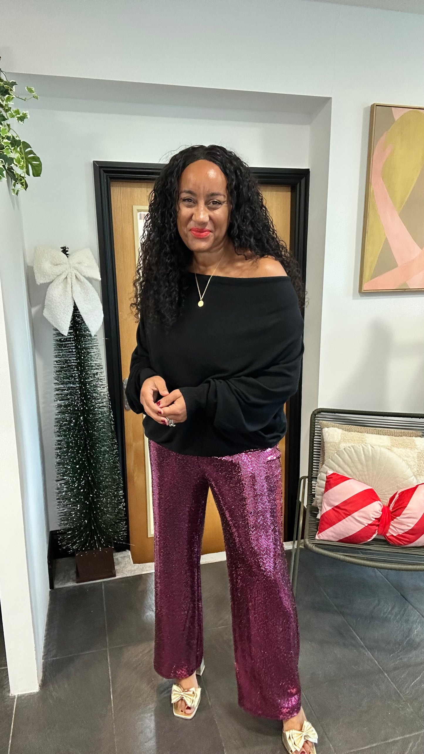 SALE VICKY SEQUIN WIDE LEG TROUSERS RICH MAGENTA *New