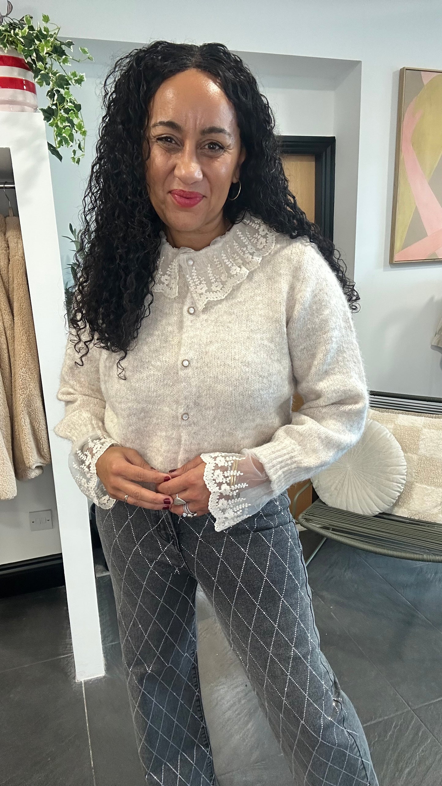 WINDERMERE LACE COLLAR KNIT CARDIGAN OAT *New