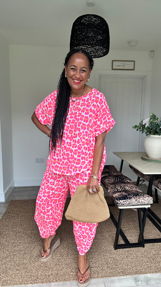 FRUITELLA LUXE LEOPARD BARREL LEG TROUSERS NEON PINK LEOPARD *New