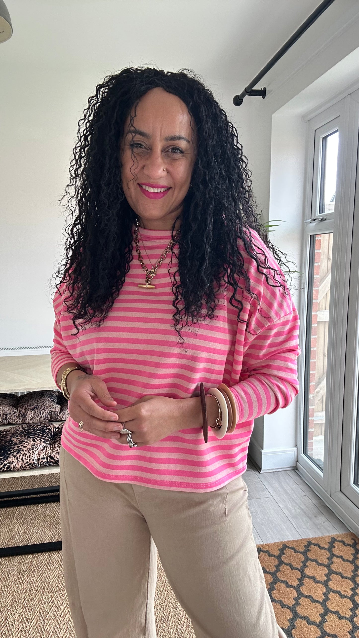 BRETON STRIPE LONG SLEEVED TOP NEON PINK  *New