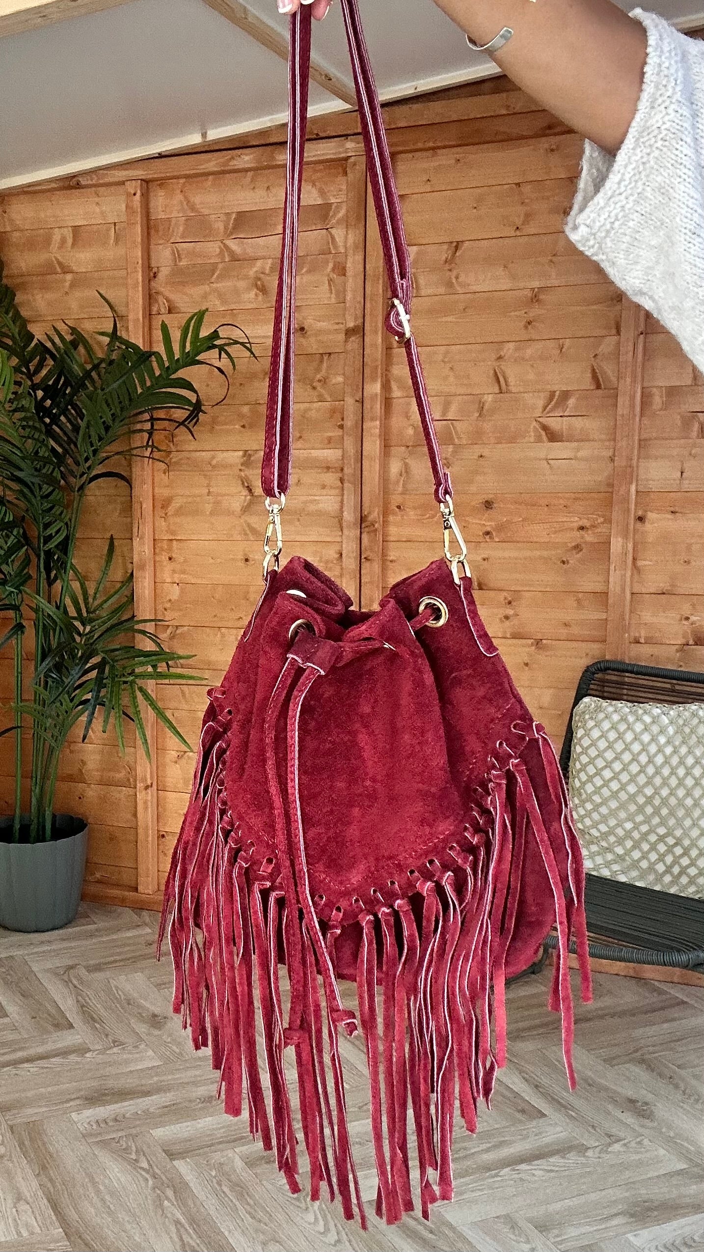 GENUINE LEATHER FRINGE TASSEL BUCKET BAG MULBERRY *New