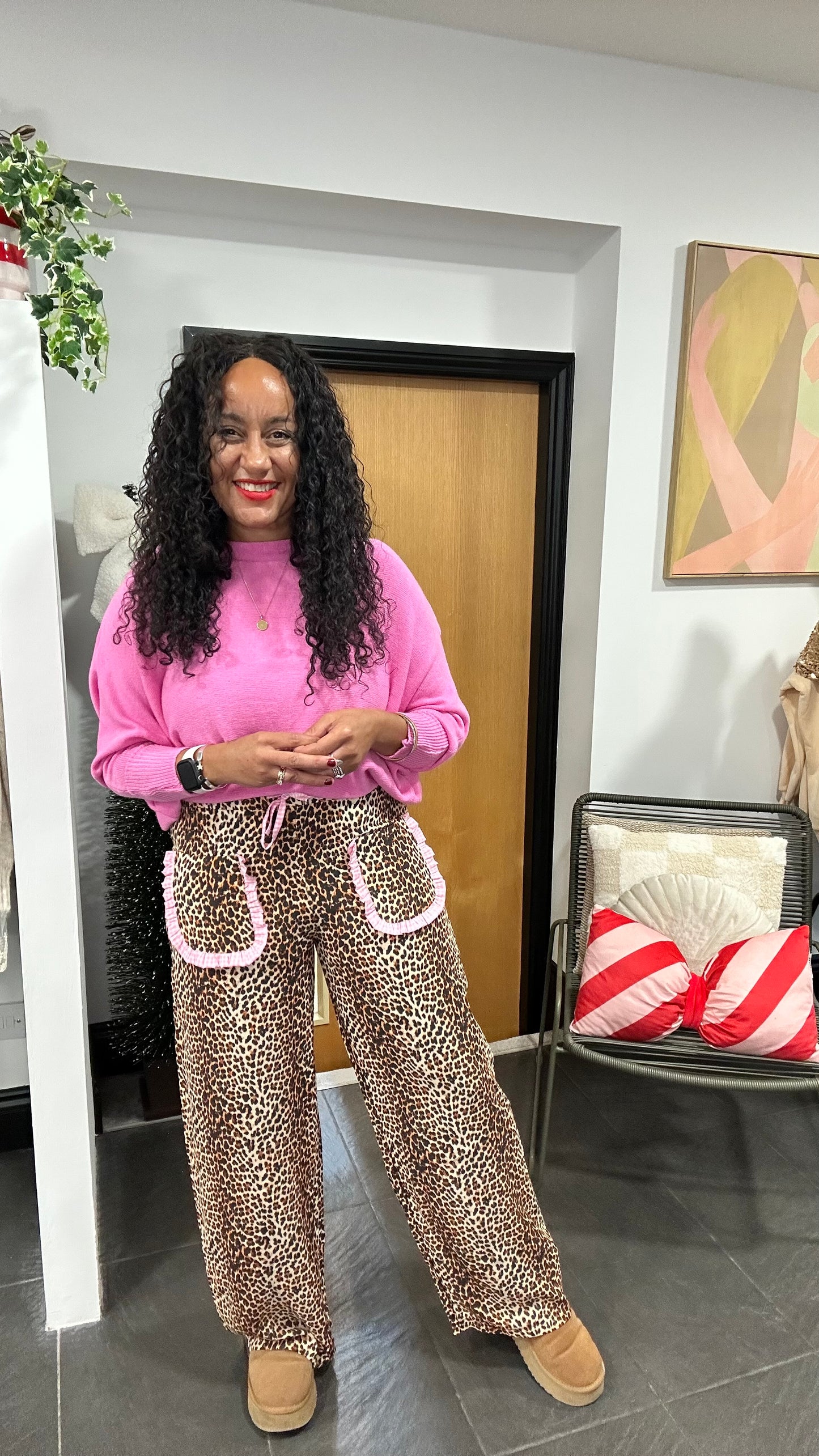 DAISY LEOPARD PRINT WIDE LEG TROUSERS WITH PINK CONTRAST *New