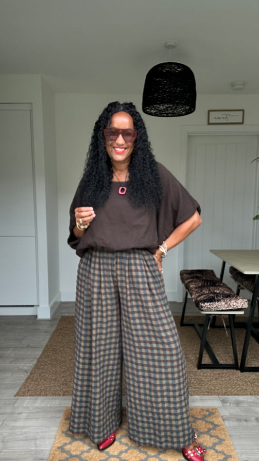 EVIE CHECKED TROUSERS BROWN *New