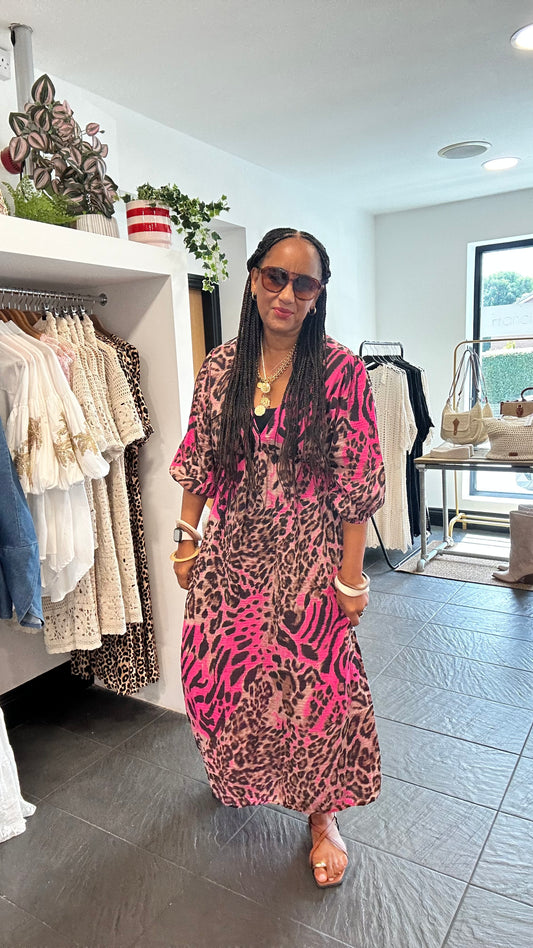 ROWNTREE TIGER & LEOPARD MAXI DRESS FUSCIA *New