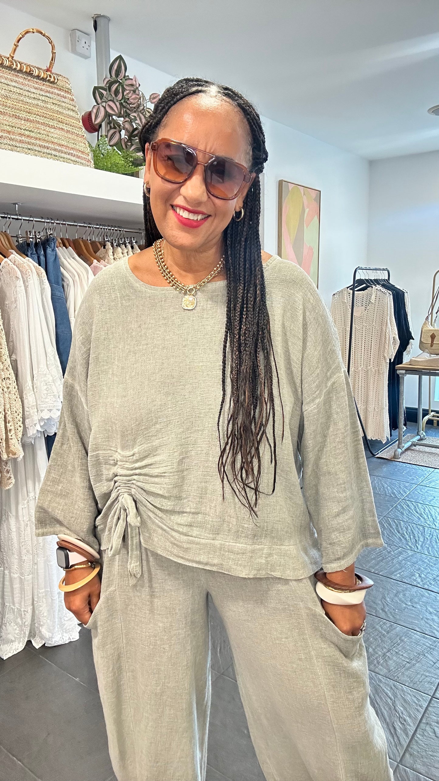 DERBY LINEN OVERSIZED BOXY TOP KHAKI