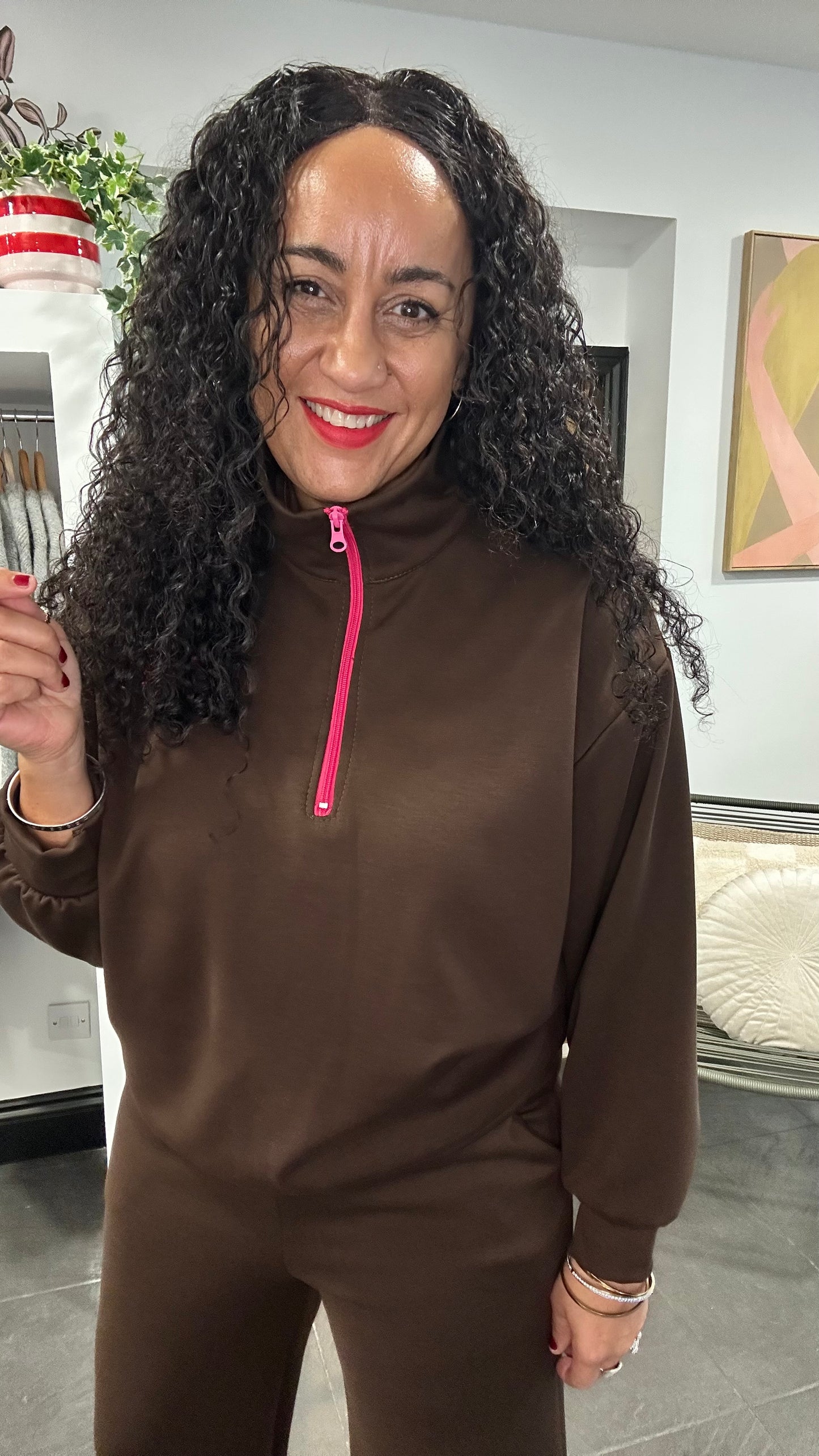 SIENNA CONTRAST ZIP & TIE LOUNGEWEAR SET DEEP BROWN *New