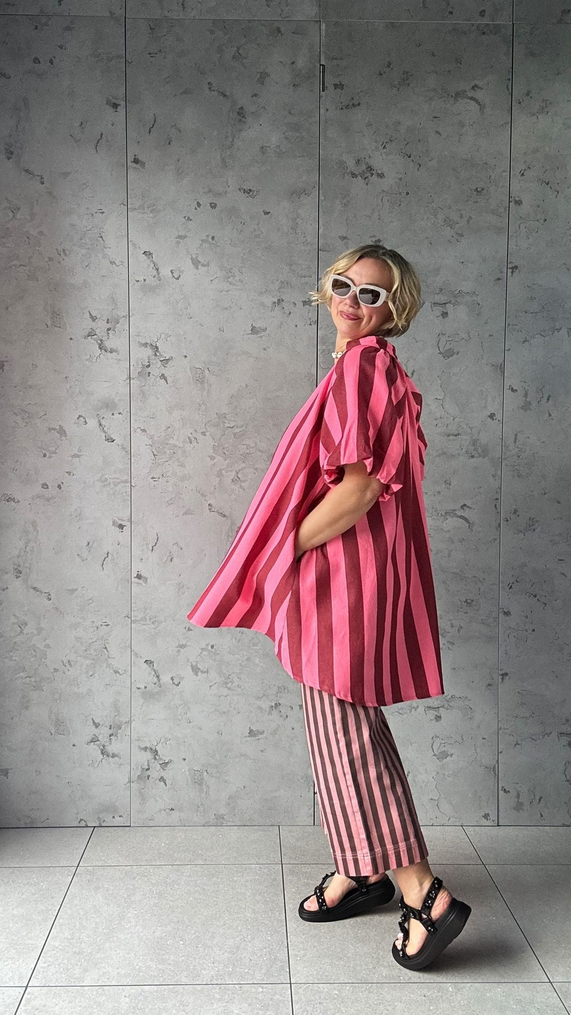 NESSA STRIPE SMOCK TOP / DRESS RED & PINK *New