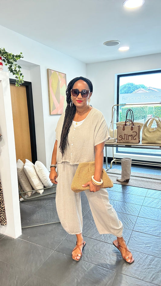 DERBY LINEN OVERSIZED BOXY TOP STONE