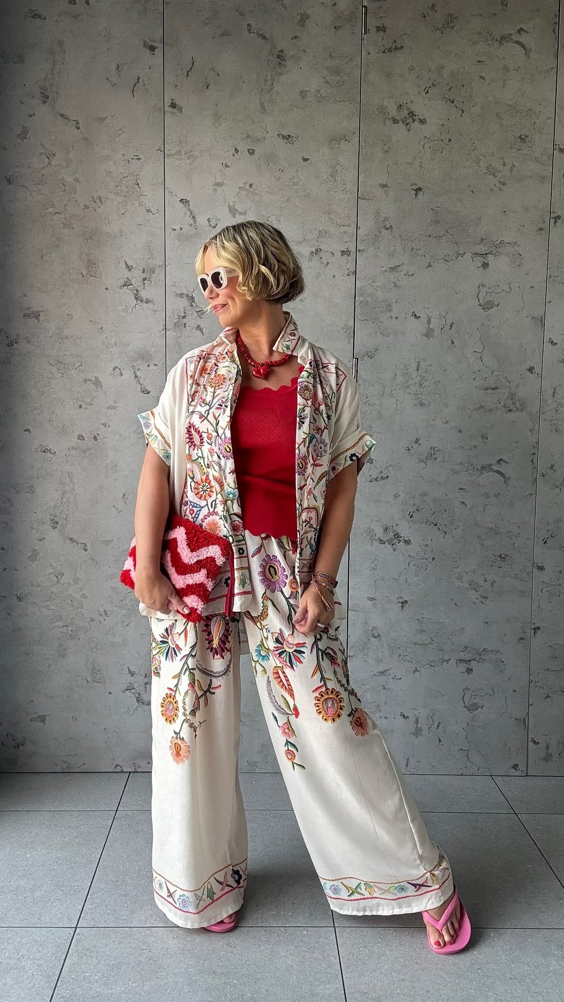 CLEO LASER FLORAL EMBROIDERED BOHO WIDE LEG TROUSERS BEIGE *New