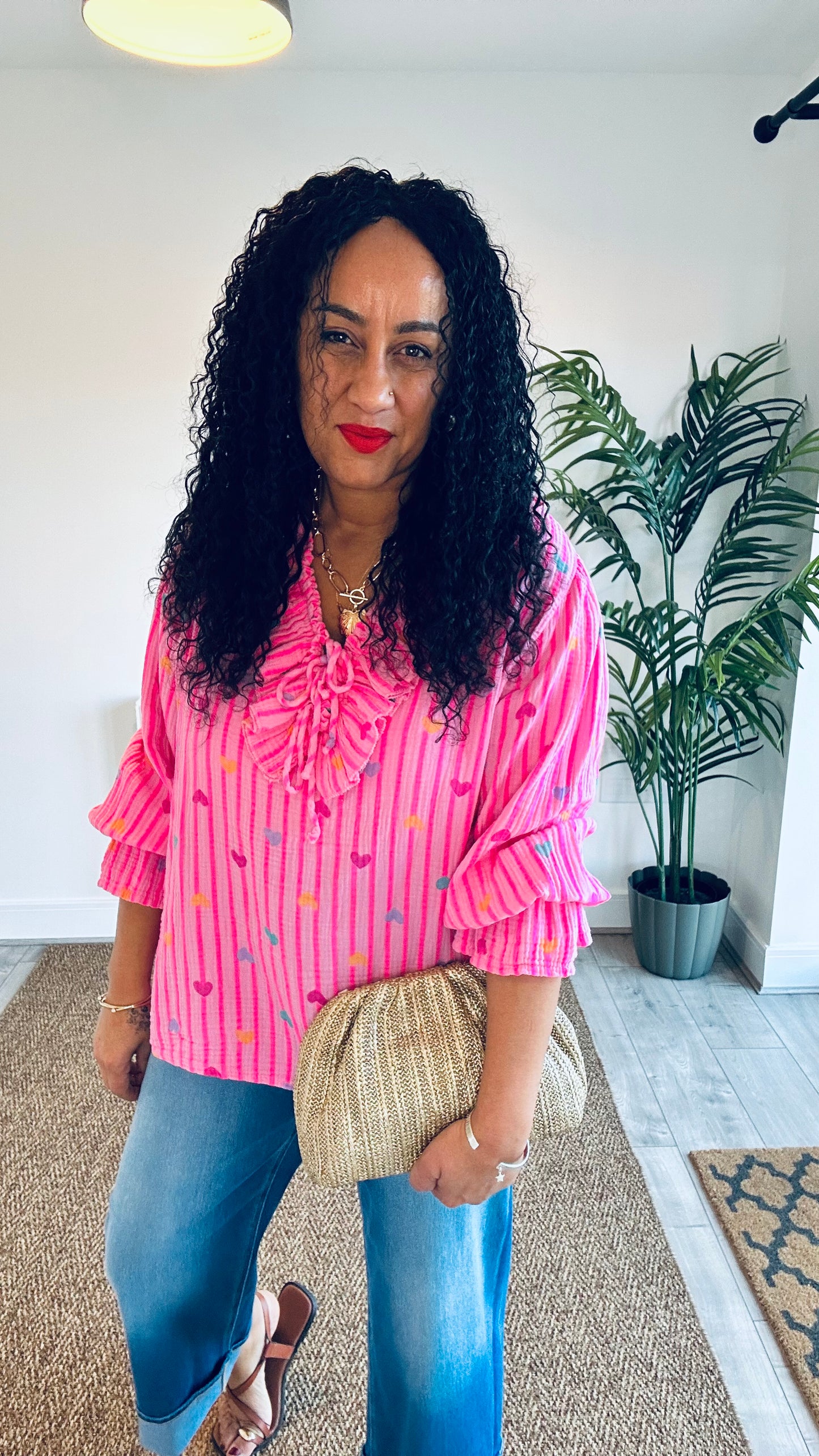 TYRA RUFFLE BLOUSE HEART NEON PINK ORANGE STRIPE *New