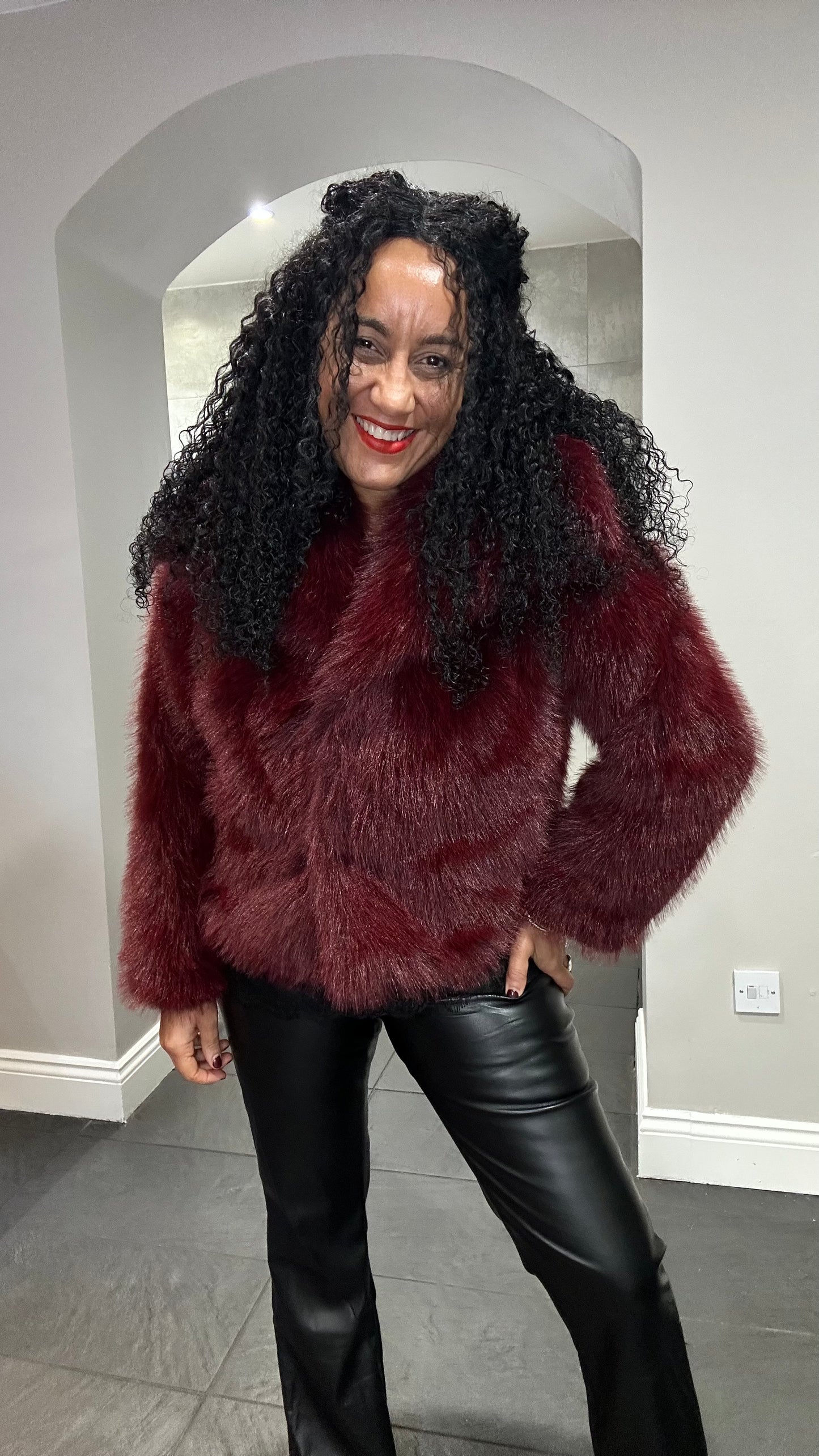 FREYA BURGUNDY FAUX FUR JACKET *New