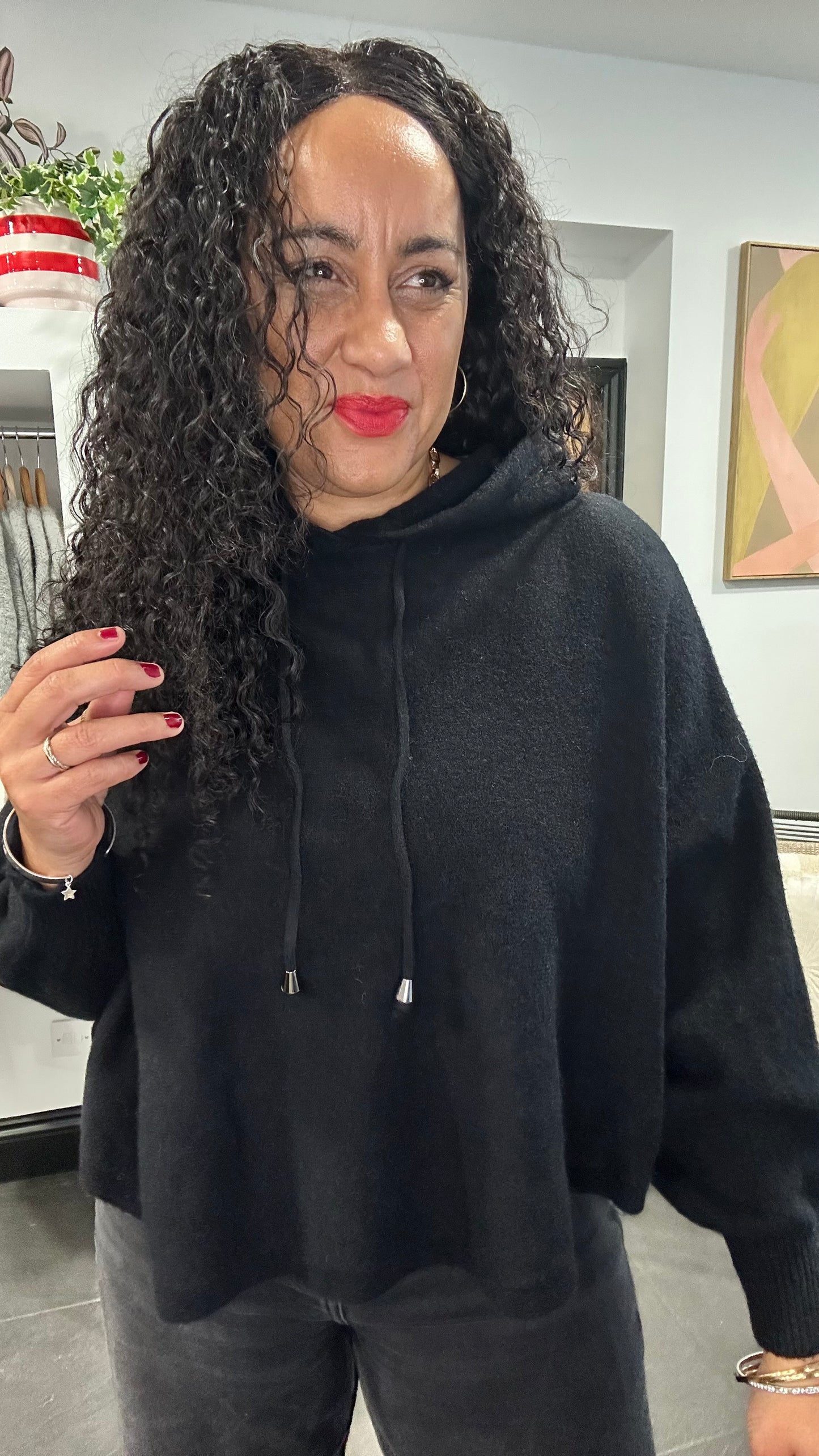 PUFF SLEEVE BOXY KNIT HOODIE BLACK *New